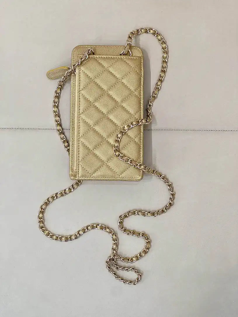 Chanel AP0990 25B Phone Bag Grained Shiny Calfskin Gold-Tone Metal Gold
