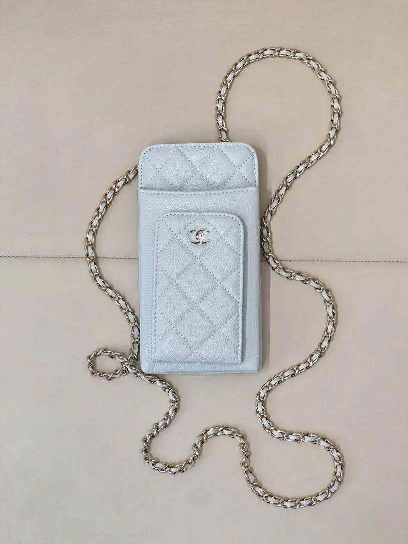 Chanel AP0990 25B Phone Bag Grained Shiny Calfskin Gold-Tone Metal Blue