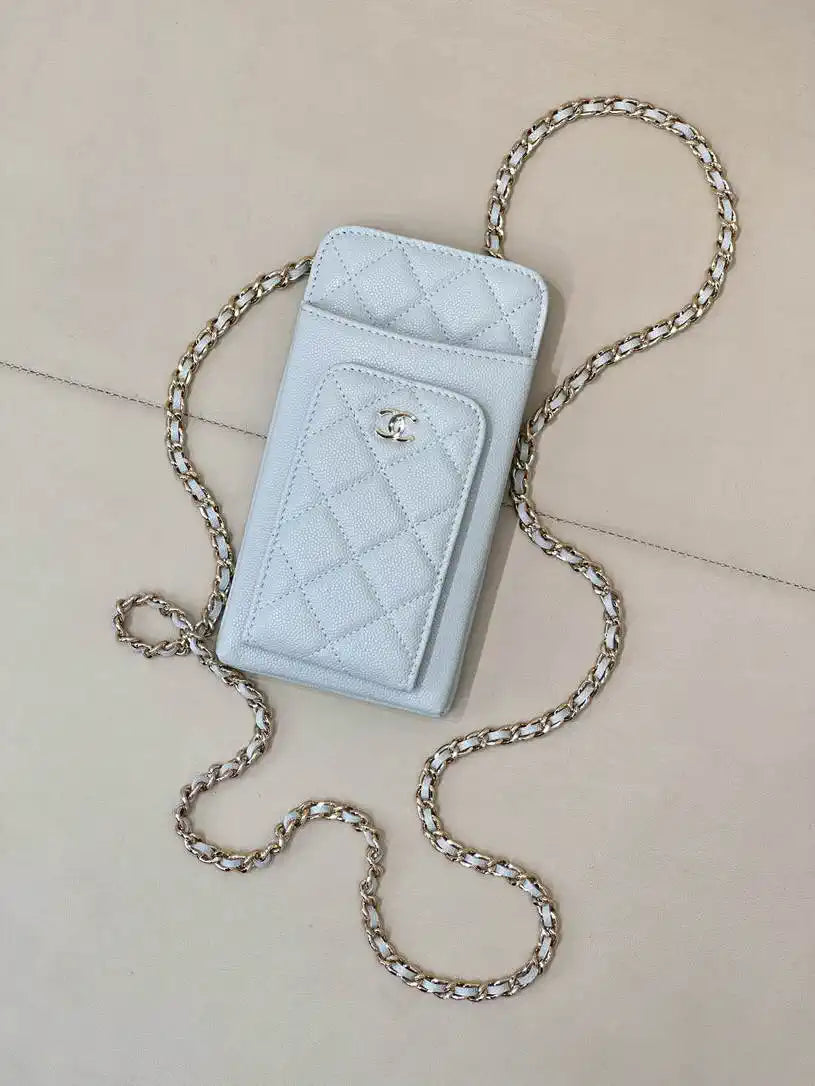 Chanel AP0990 25B Phone Bag Grained Shiny Calfskin Gold-Tone Metal Blue