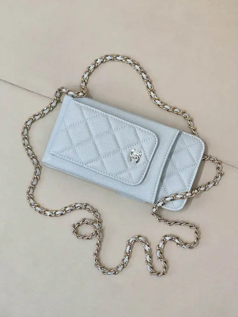 Chanel AP0990 25B Phone Bag Grained Shiny Calfskin Gold-Tone Metal Blue