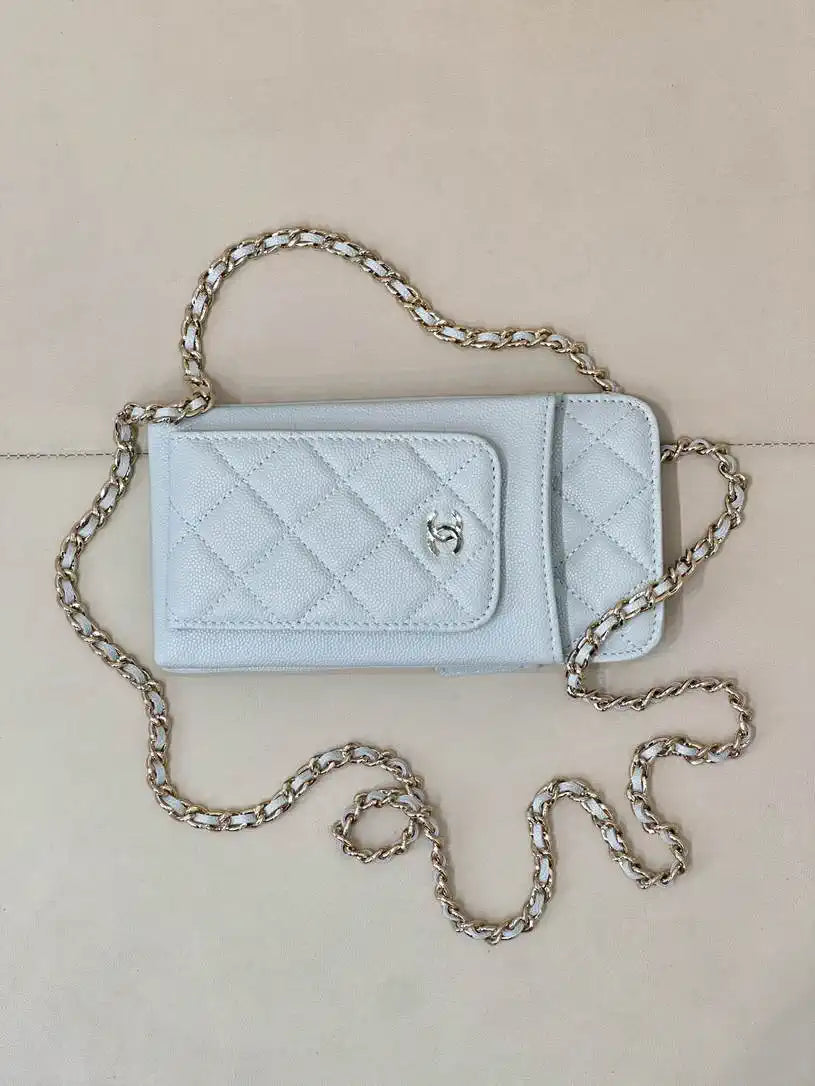Chanel AP0990 25B Phone Bag Grained Shiny Calfskin Gold-Tone Metal Blue