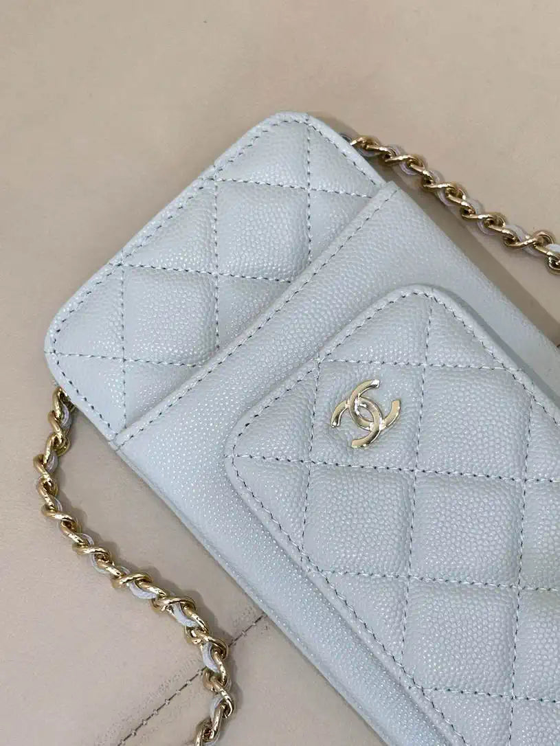 Chanel AP0990 25B Phone Bag Grained Shiny Calfskin Gold-Tone Metal Blue