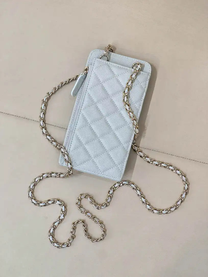 Chanel AP0990 25B Phone Bag Grained Shiny Calfskin Gold-Tone Metal Blue