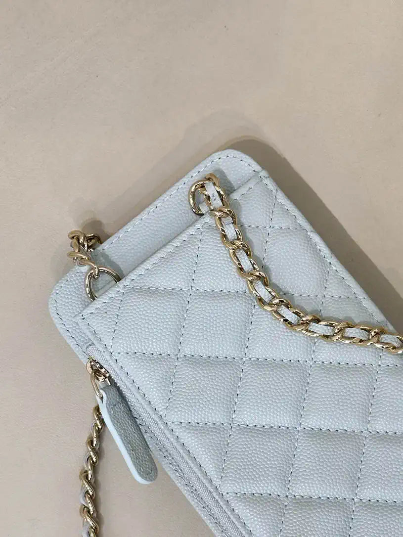 Chanel AP0990 25B Phone Bag Grained Shiny Calfskin Gold-Tone Metal Blue