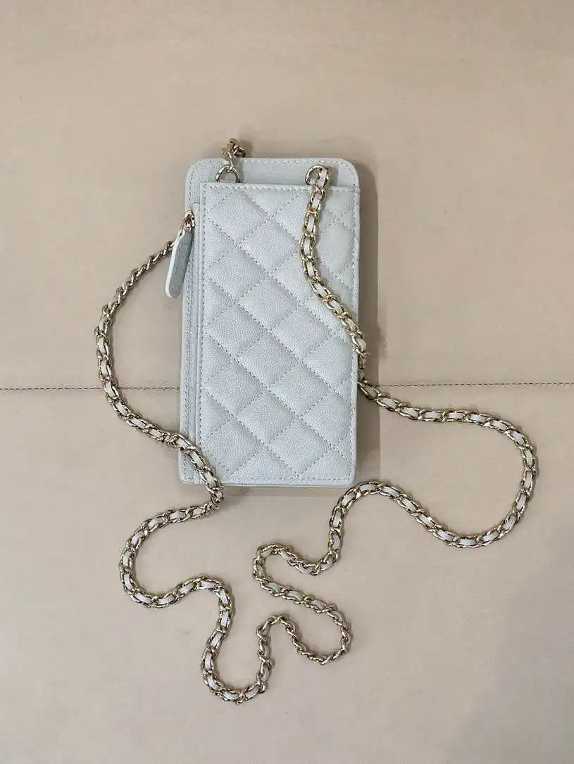 Chanel AP0990 25B Phone Bag Grained Shiny Calfskin Gold-Tone Metal Blue