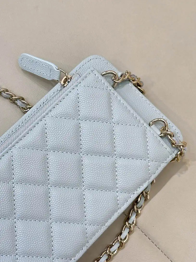 Chanel AP0990 25B Phone Bag Grained Shiny Calfskin Gold-Tone Metal Blue