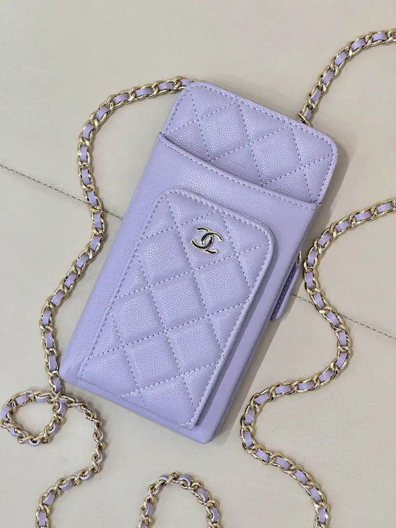 Chanel AP0990 25B Phone Bag Grained Shiny Calfskin Gold-Tone Metal Light Purple