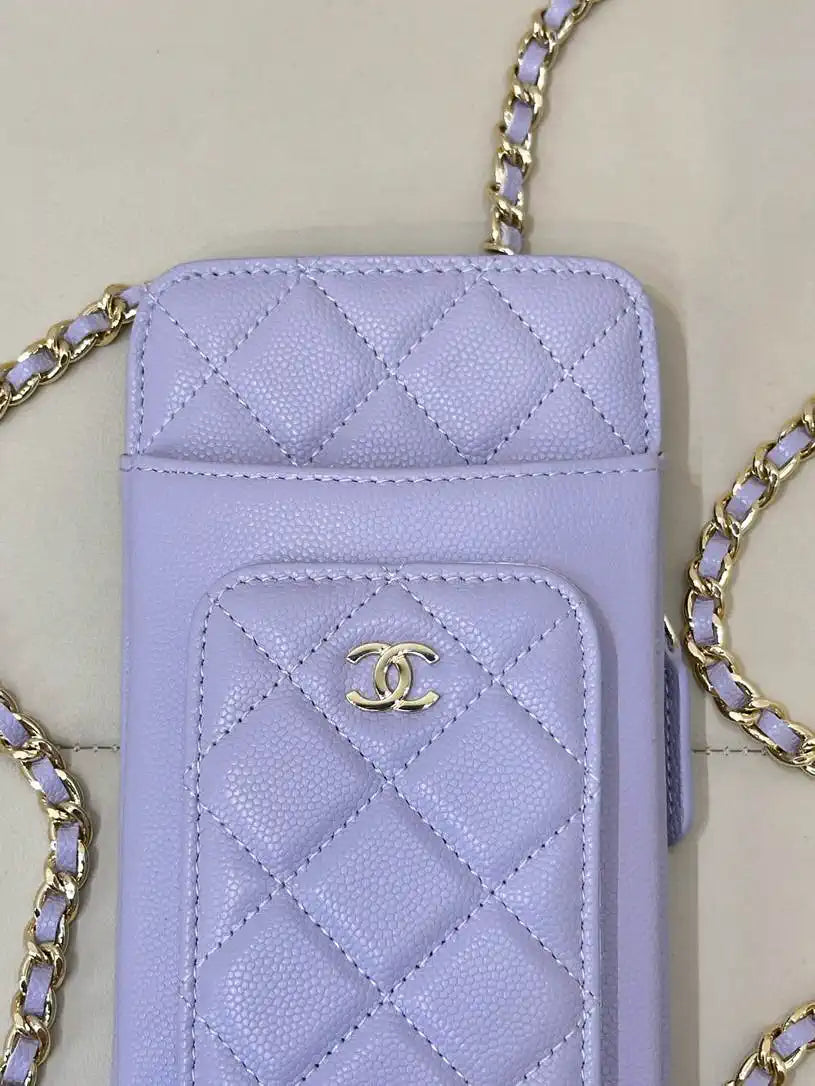 Chanel AP0990 25B Phone Bag Grained Shiny Calfskin Gold-Tone Metal Light Purple