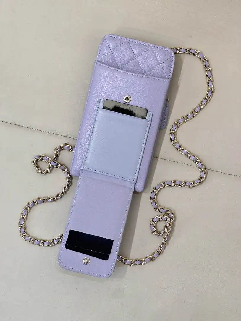 Chanel AP0990 25B Phone Bag Grained Shiny Calfskin Gold-Tone Metal Light Purple