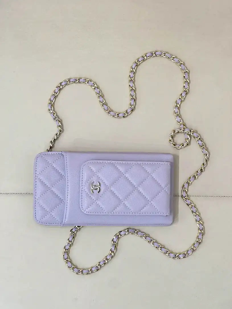 Chanel AP0990 25B Phone Bag Grained Shiny Calfskin Gold-Tone Metal Light Purple