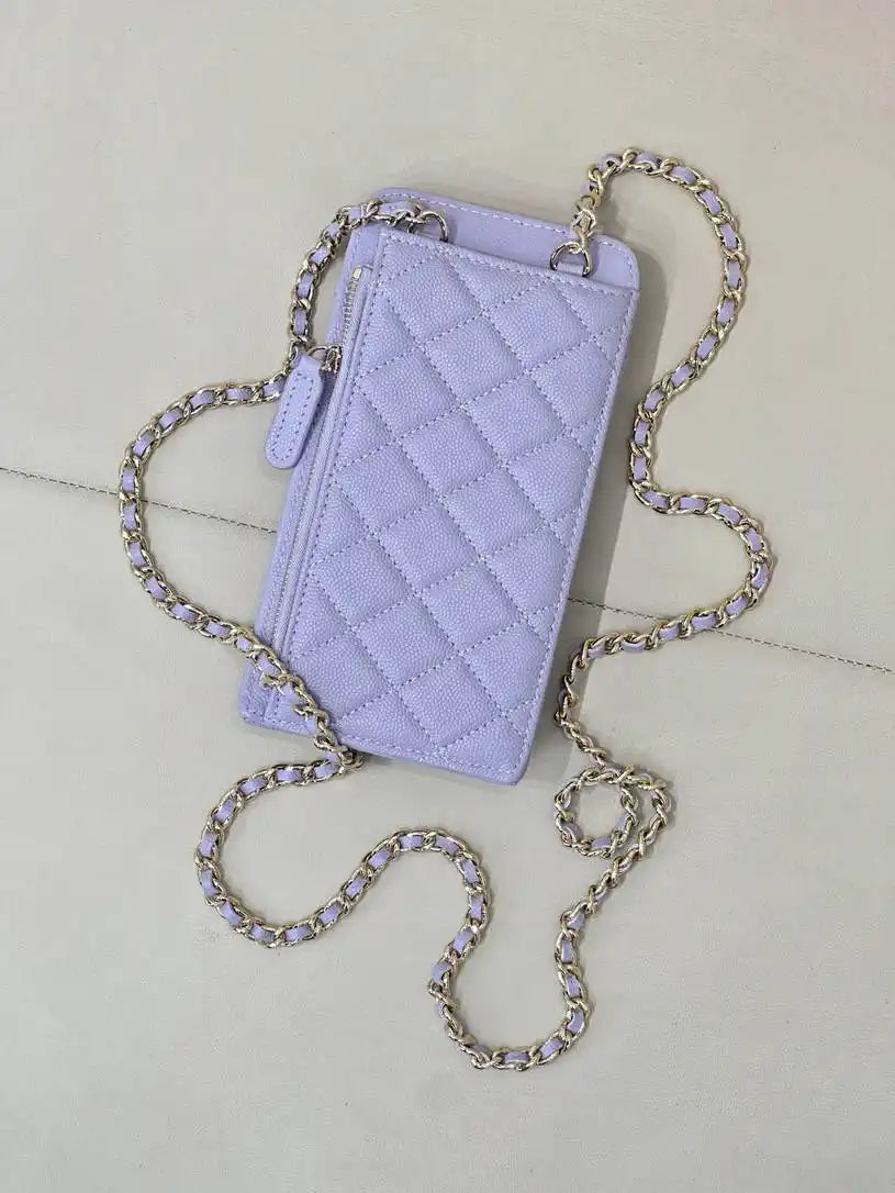 Chanel AP0990 25B Phone Bag Grained Shiny Calfskin Gold-Tone Metal Light Purple