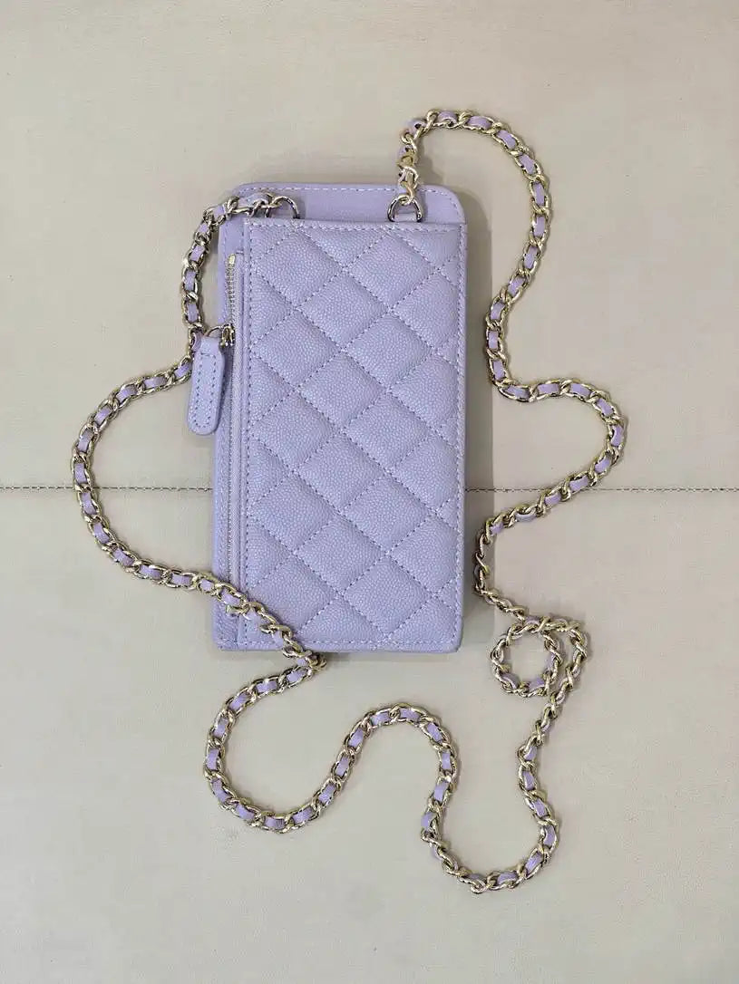 Chanel AP0990 25B Phone Bag Grained Shiny Calfskin Gold-Tone Metal Light Purple