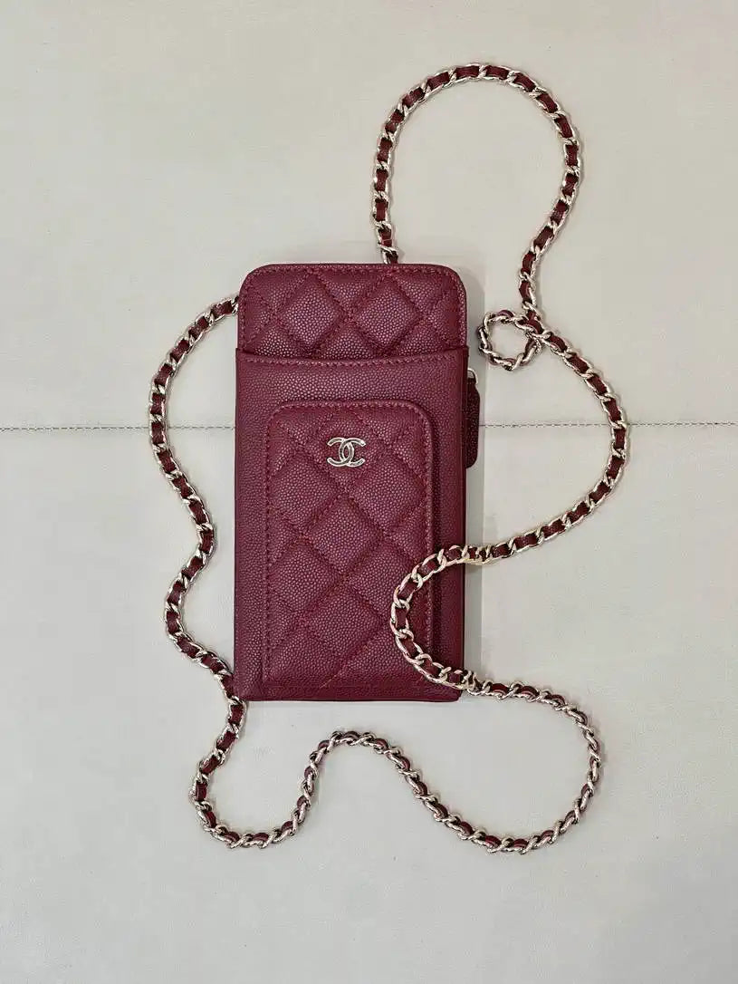 Chanel AP0990 25B Phone Bag Grained Shiny Calfskin Gold-Tone Metal Wine Red