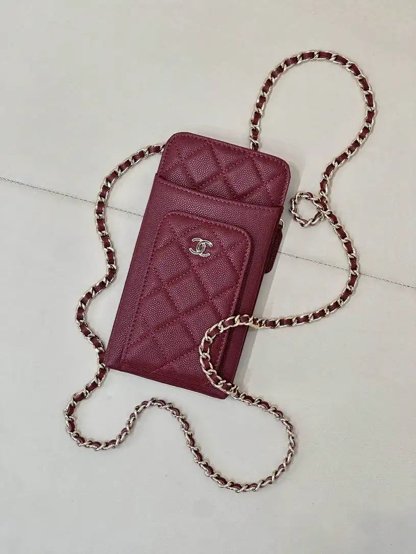 Chanel AP0990 25B Phone Bag Grained Shiny Calfskin Gold-Tone Metal Wine Red