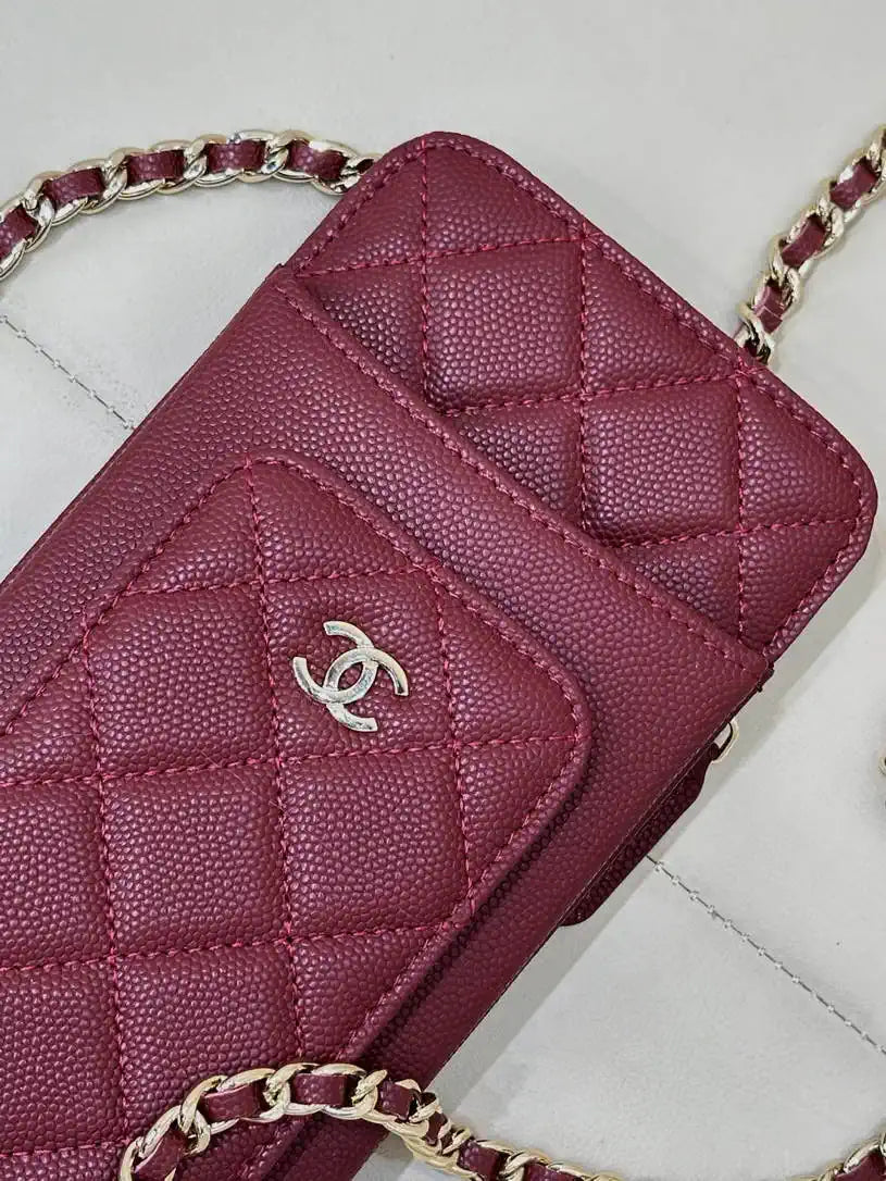 Chanel AP0990 25B Phone Bag Grained Shiny Calfskin Gold-Tone Metal Wine Red