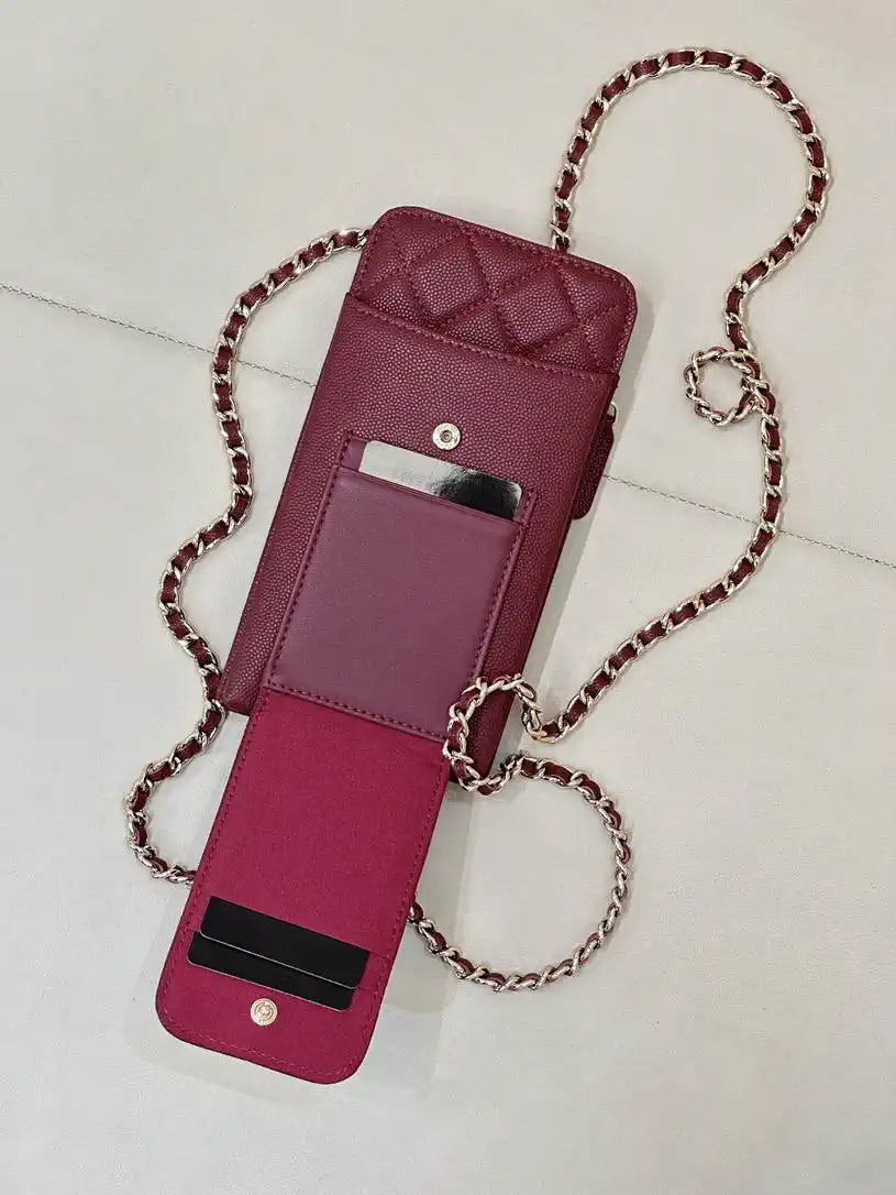 Chanel AP0990 25B Phone Bag Grained Shiny Calfskin Gold-Tone Metal Wine Red