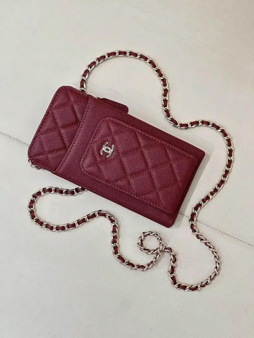 Chanel AP0990 25B Phone Bag Grained Shiny Calfskin Gold-Tone Metal Wine Red