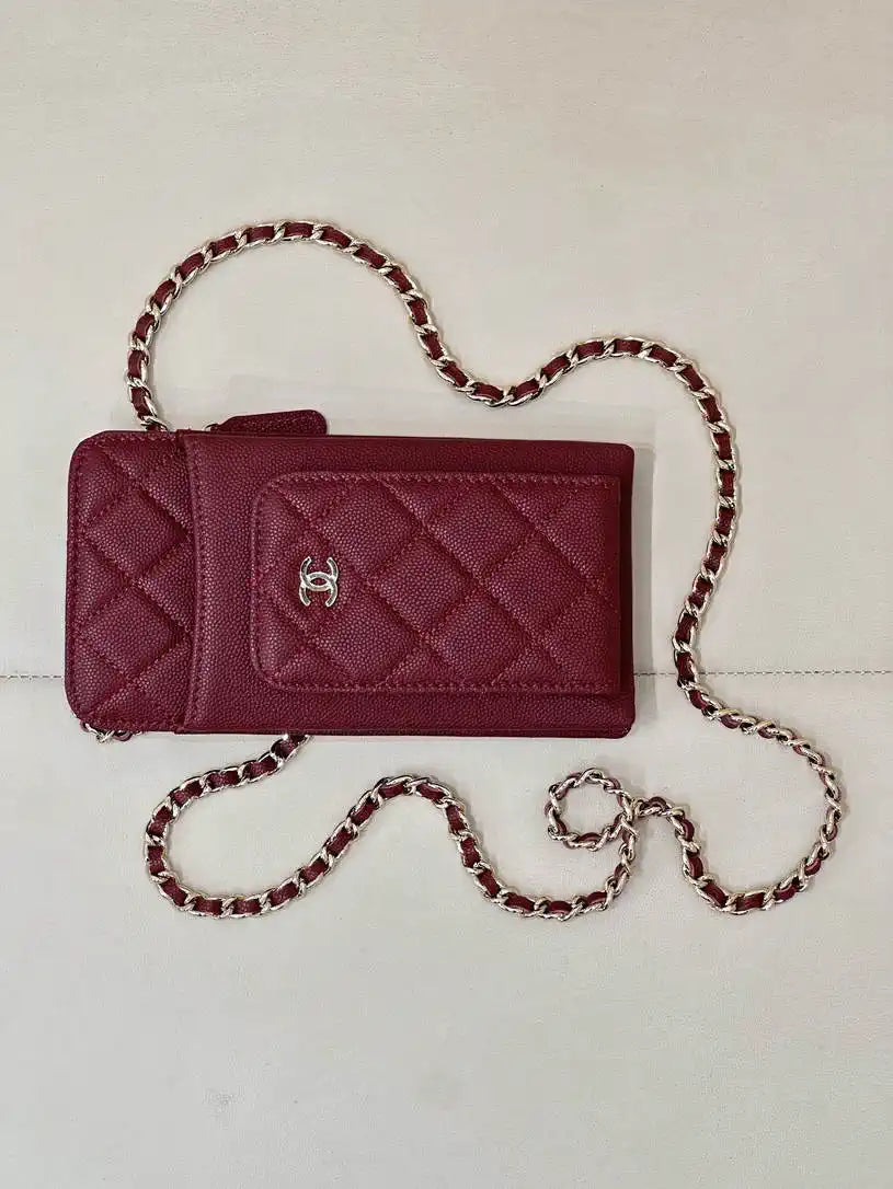 Chanel AP0990 25B Phone Bag Grained Shiny Calfskin Gold-Tone Metal Wine Red