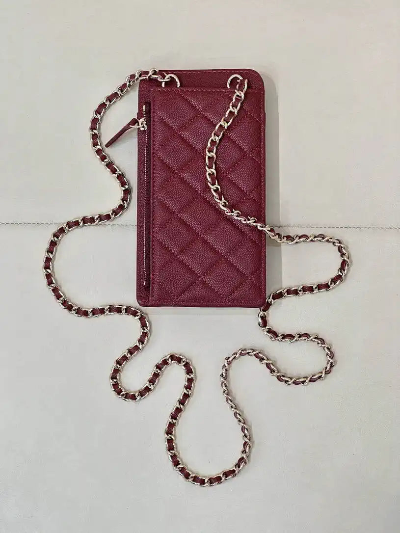 Chanel AP0990 25B Phone Bag Grained Shiny Calfskin Gold-Tone Metal Wine Red