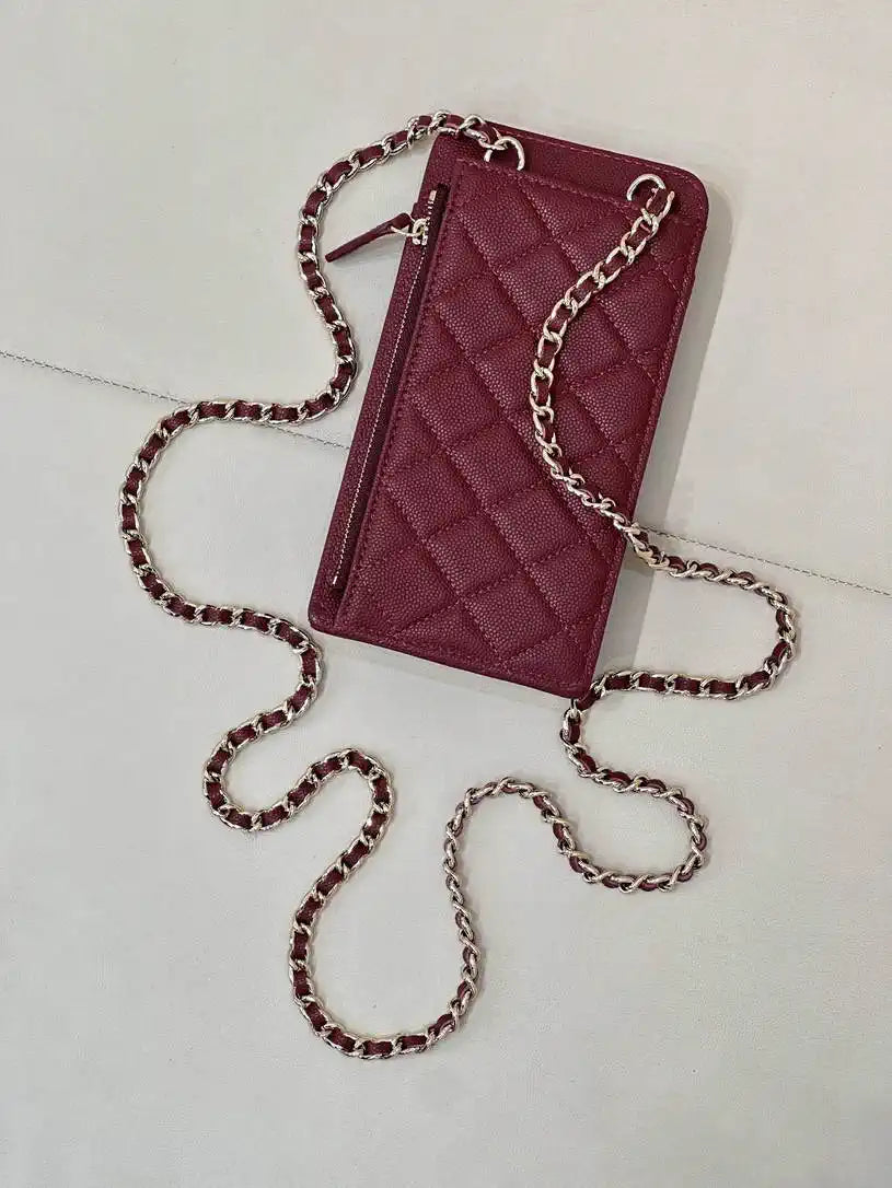 Chanel AP0990 25B Phone Bag Grained Shiny Calfskin Gold-Tone Metal Wine Red
