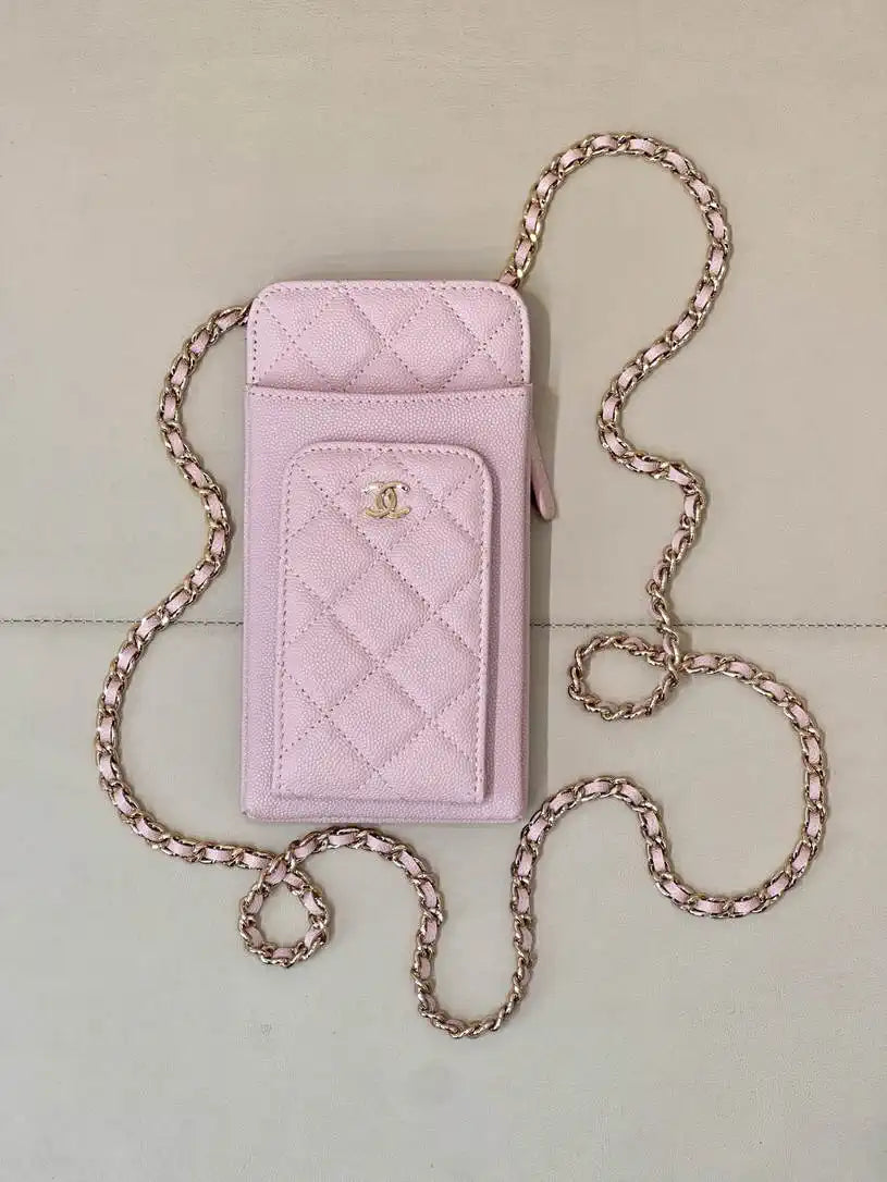 Chanel AP0990 25B Phone Bag Grained Shiny Calfskin Gold-Tone Metal Pink