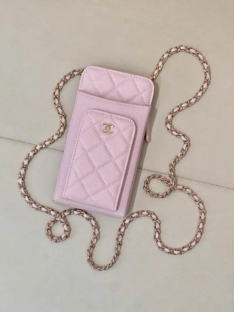 Chanel AP0990 25B Phone Bag Grained Shiny Calfskin Gold-Tone Metal Pink