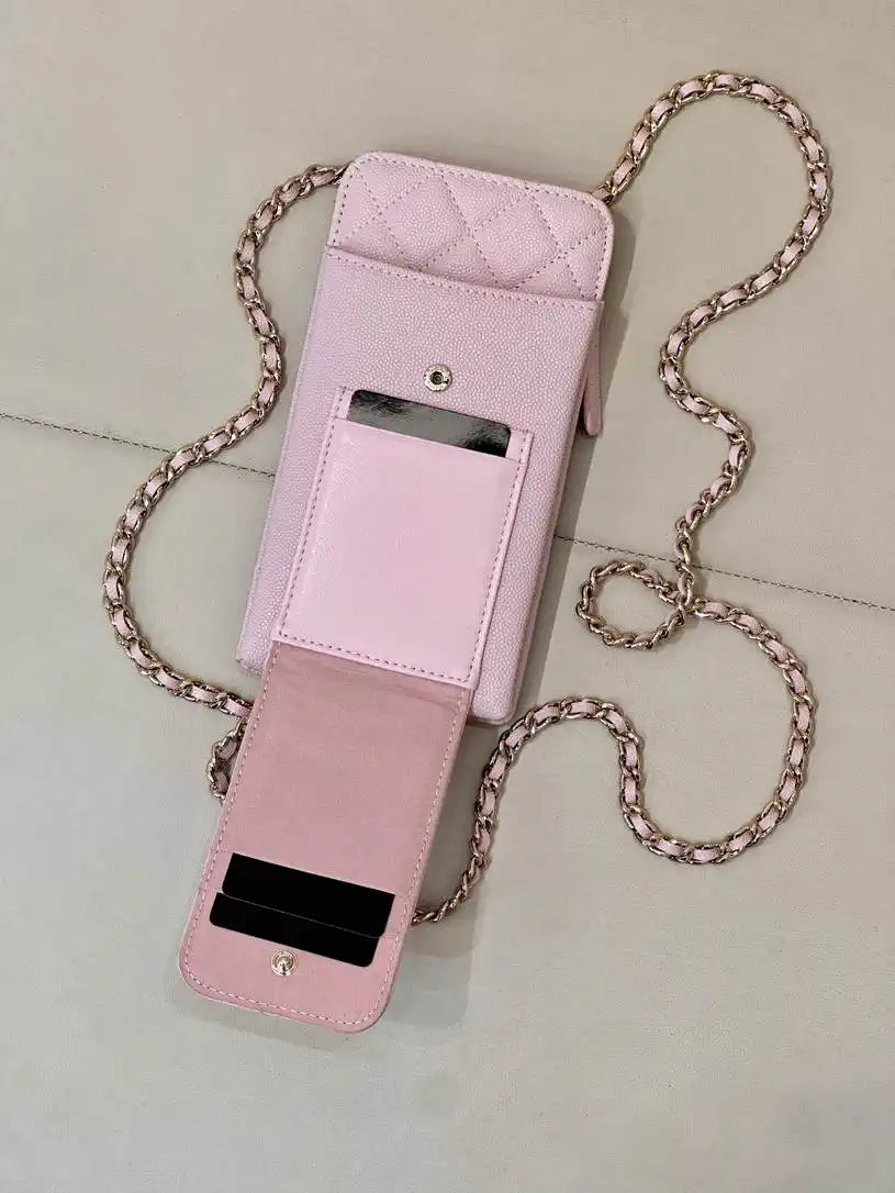 Chanel AP0990 25B Phone Bag Grained Shiny Calfskin Gold-Tone Metal Pink