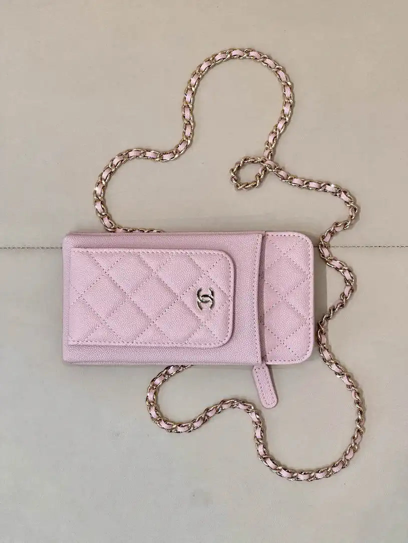 Chanel AP0990 25B Phone Bag Grained Shiny Calfskin Gold-Tone Metal Pink