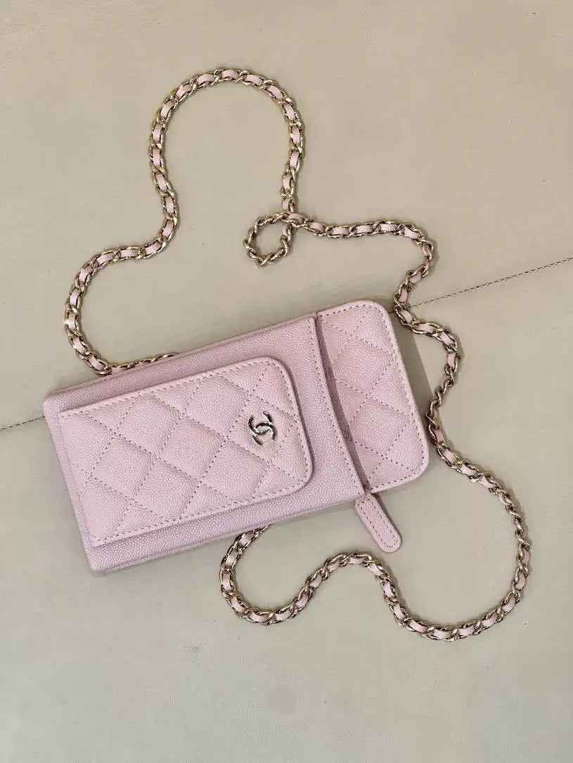 Chanel AP0990 25B Phone Bag Grained Shiny Calfskin Gold-Tone Metal Pink