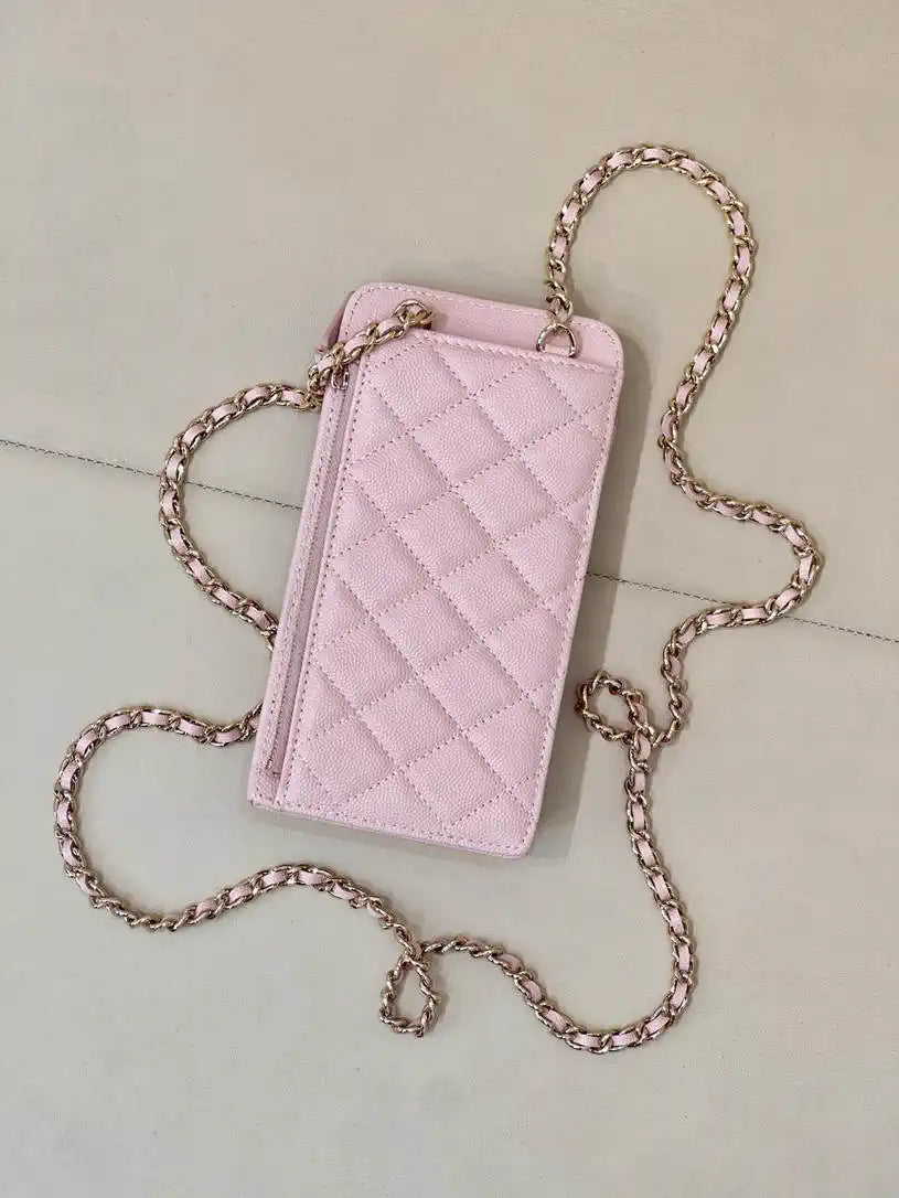 Chanel AP0990 25B Phone Bag Grained Shiny Calfskin Gold-Tone Metal Pink