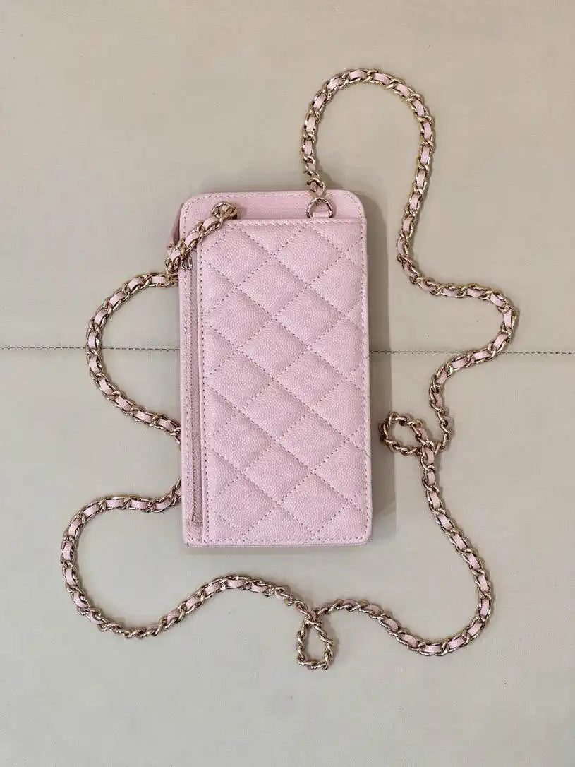 Chanel AP0990 25B Phone Bag Grained Shiny Calfskin Gold-Tone Metal Pink