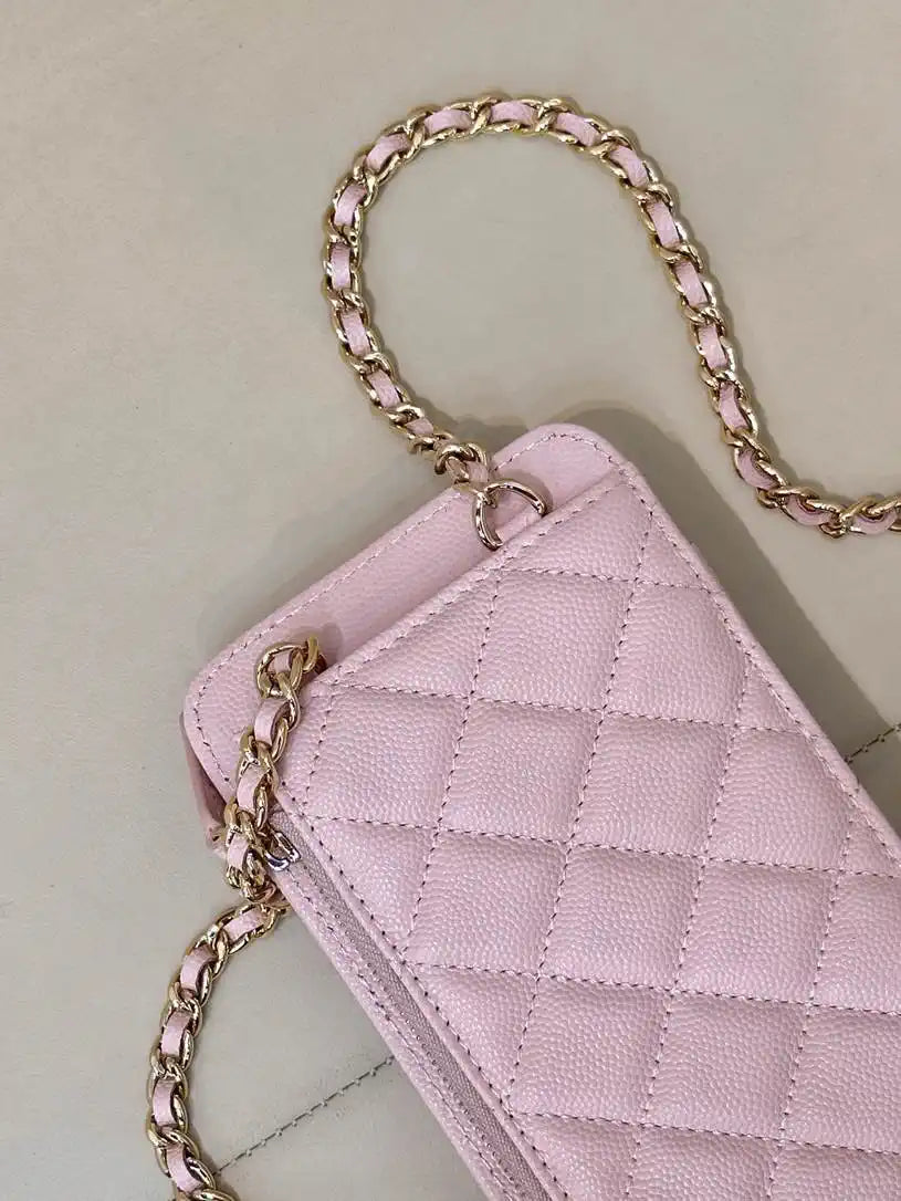 Chanel AP0990 25B Phone Bag Grained Shiny Calfskin Gold-Tone Metal Pink