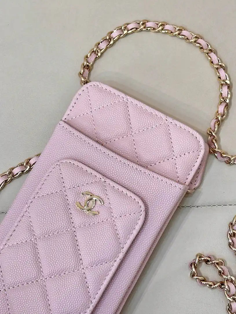 Chanel AP0990 25B Phone Bag Grained Shiny Calfskin Gold-Tone Metal Pink