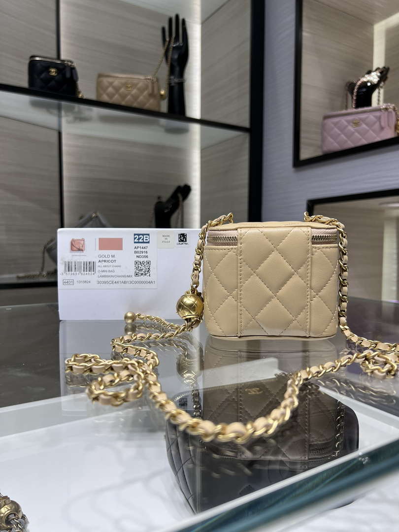 Chanel AP1447 small Vanity with chain lambskin gold Adjustable small gold balls Apricot