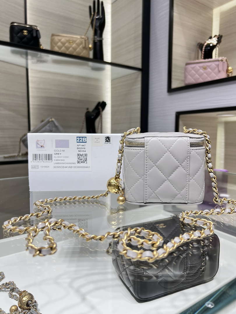 Chanel AP1447 small Vanity with chain lambskin gold Adjustable small gold balls Gray
