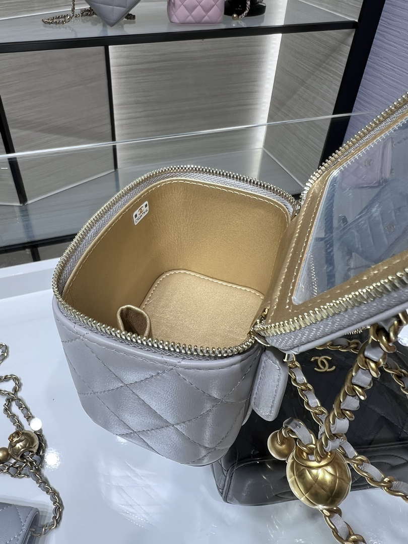 Chanel AP1447 small Vanity with chain lambskin gold Adjustable small gold balls Gray - Default Title - View 9