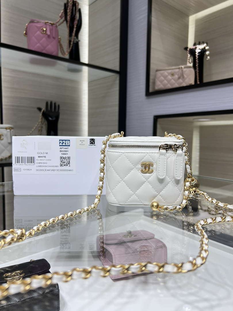 Chanel AP1447 small Vanity with chain lambskin gold Adjustable small gold balls White