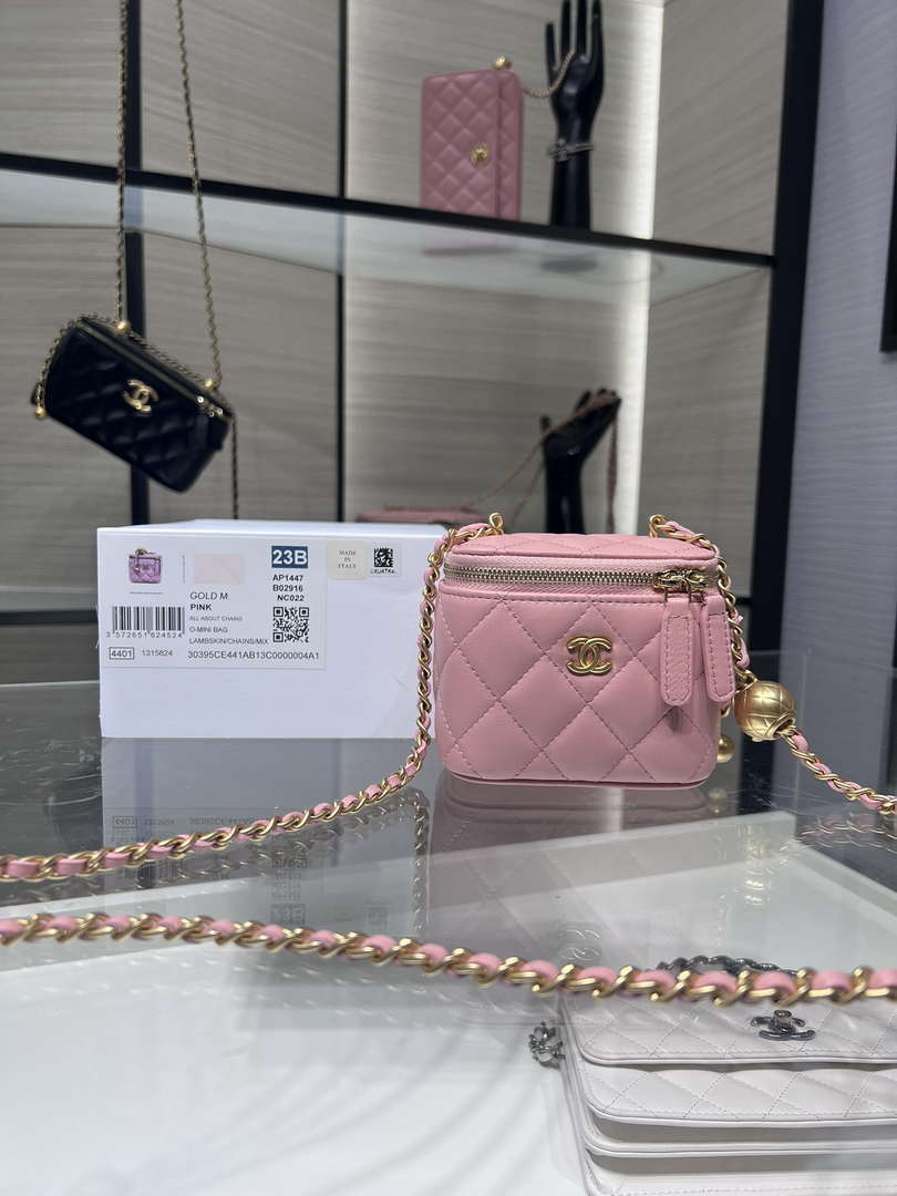 Chanel AP1447 small Vanity with chain lambskin gold Adjustable small gold balls Pink
