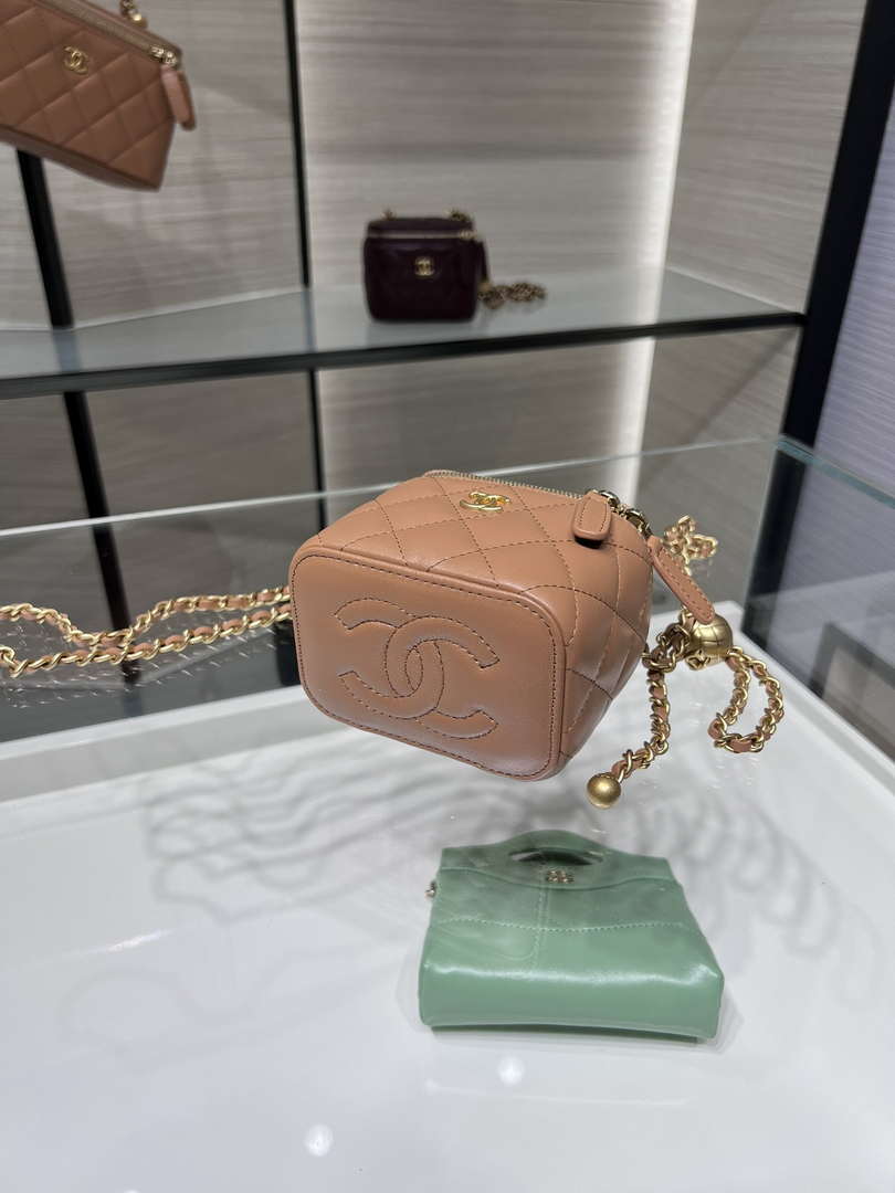 Chanel AP1447 small Vanity with chain lambskin gold Adjustable small gold balls Brown