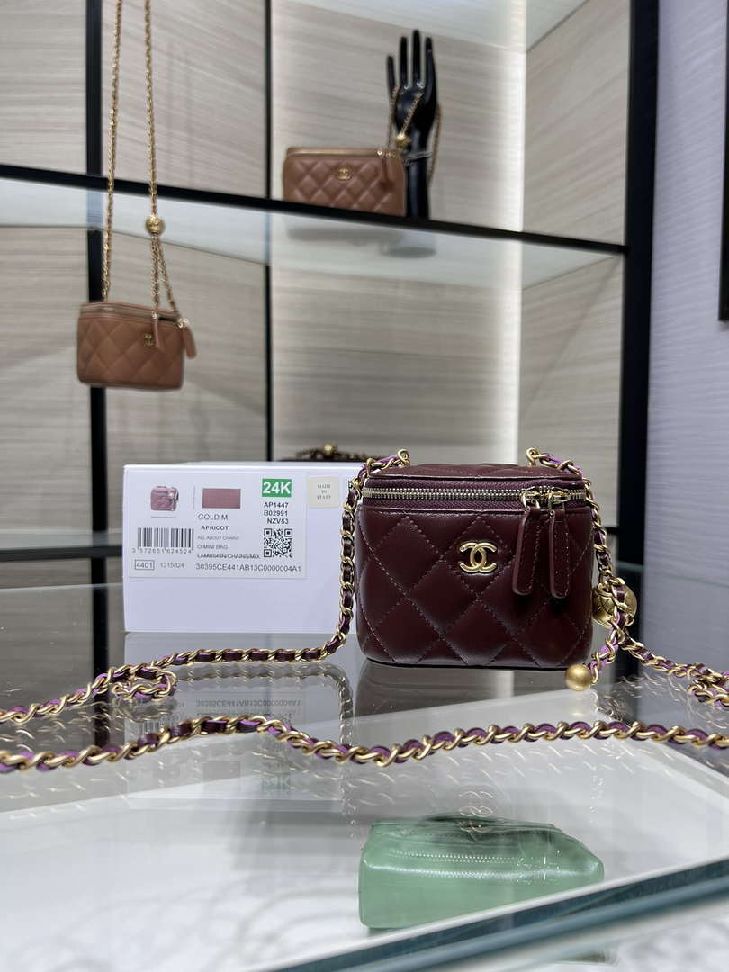 Chanel AP1447 small Vanity with chain lambskin gold Adjustable small gold balls Wine Red - Default Title - View 1