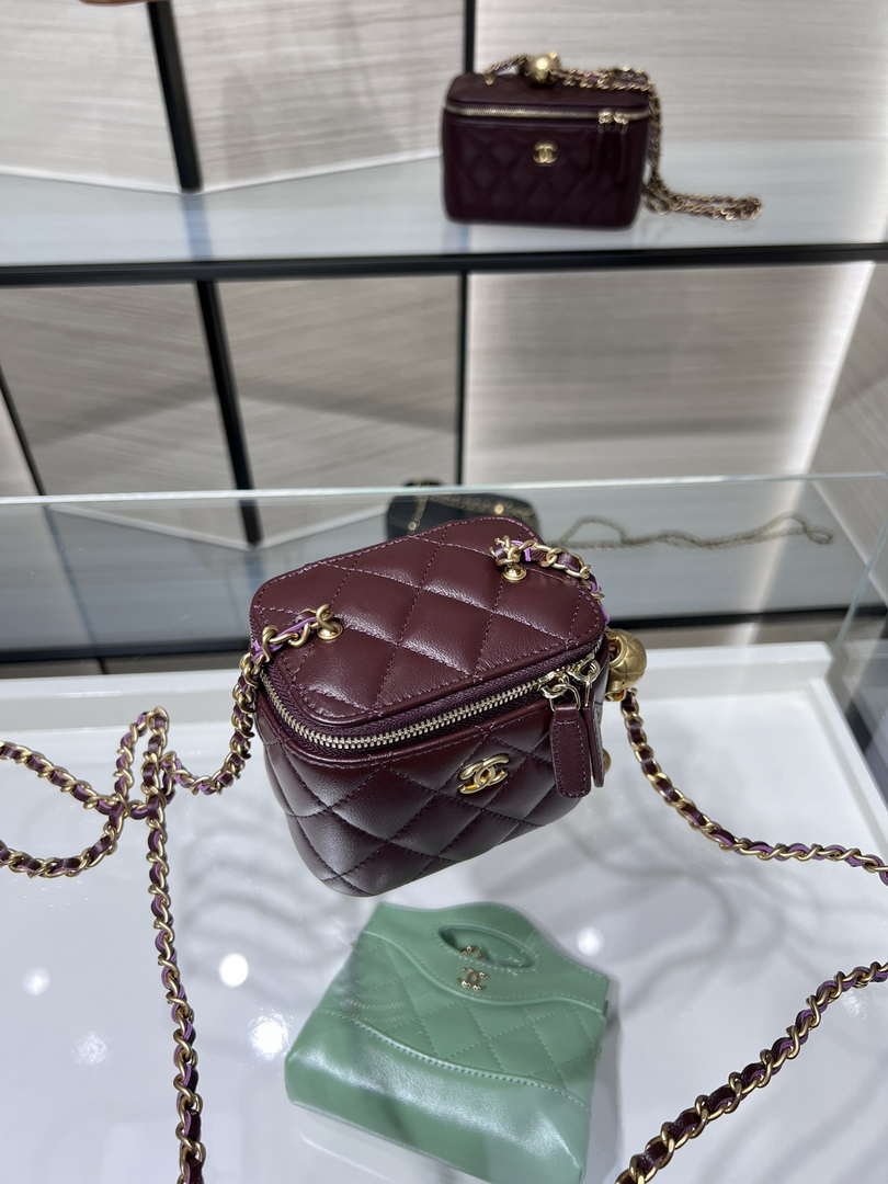 Chanel AP1447 small Vanity with chain lambskin gold Adjustable small gold balls Wine Red - Default Title - View 3