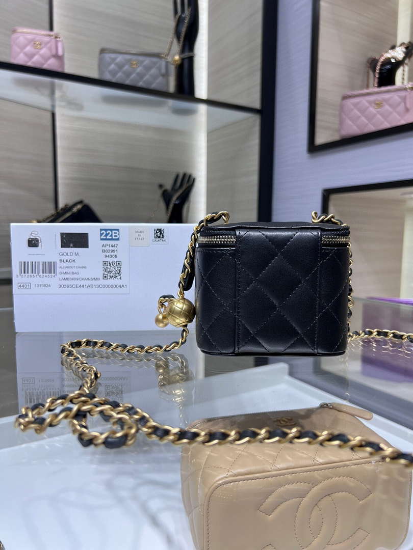 Chanel AP1447 small Vanity with chain lambskin gold Adjustable small gold balls Black