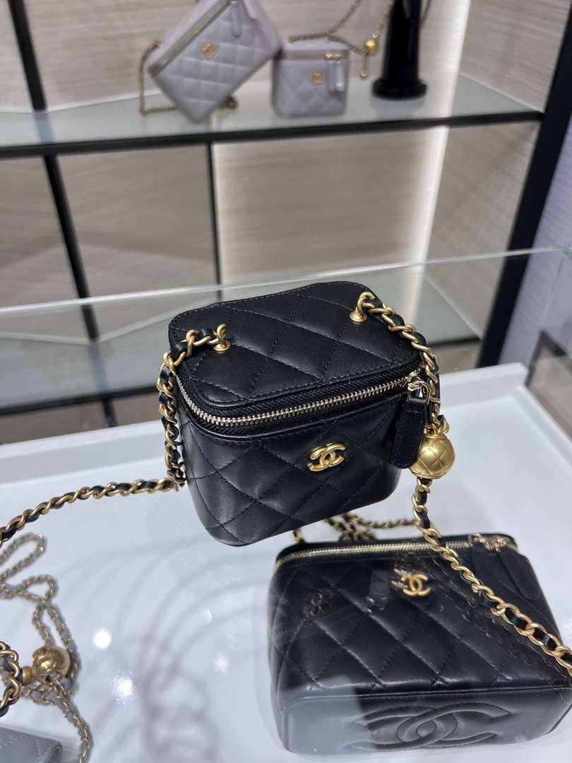 Chanel AP1447 small Vanity with chain lambskin gold Adjustable small gold balls Black