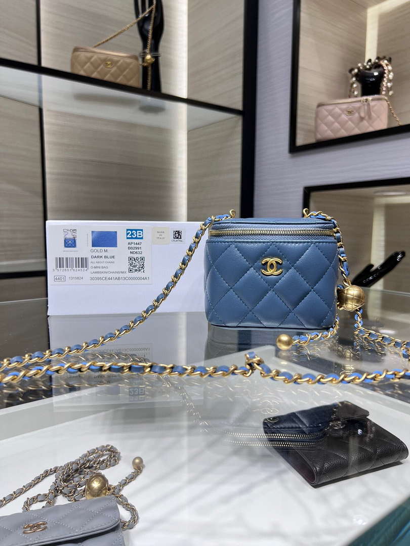 Chanel AP1447 small Vanity with chain lambskin gold Adjustable small gold balls Blue