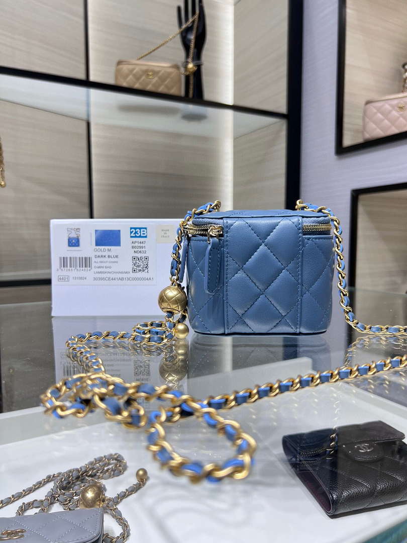 Chanel AP1447 small Vanity with chain lambskin gold Adjustable small gold balls Blue - Default Title - View 2