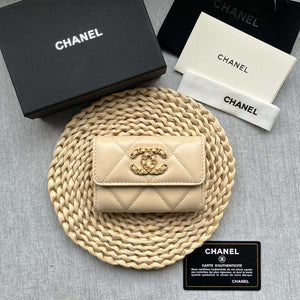 Chanel AP1790 19 flap Card Holder shiny lambskin gold tone ruthenium finish metal Beige - Default Title - View 1