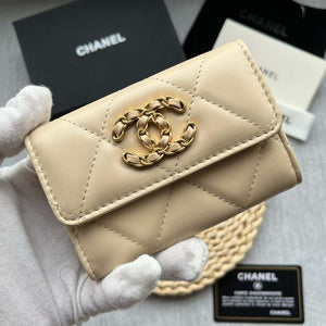 Chanel AP1790 19 flap Card Holder shiny lambskin gold tone ruthenium finish metal Beige - Default Title - View 3