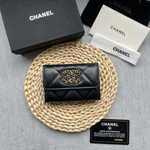 Chanel AP1790 19 flap Card Holder shiny lambskin gold tone ruthenium finish metal Black - Default Title - View 1