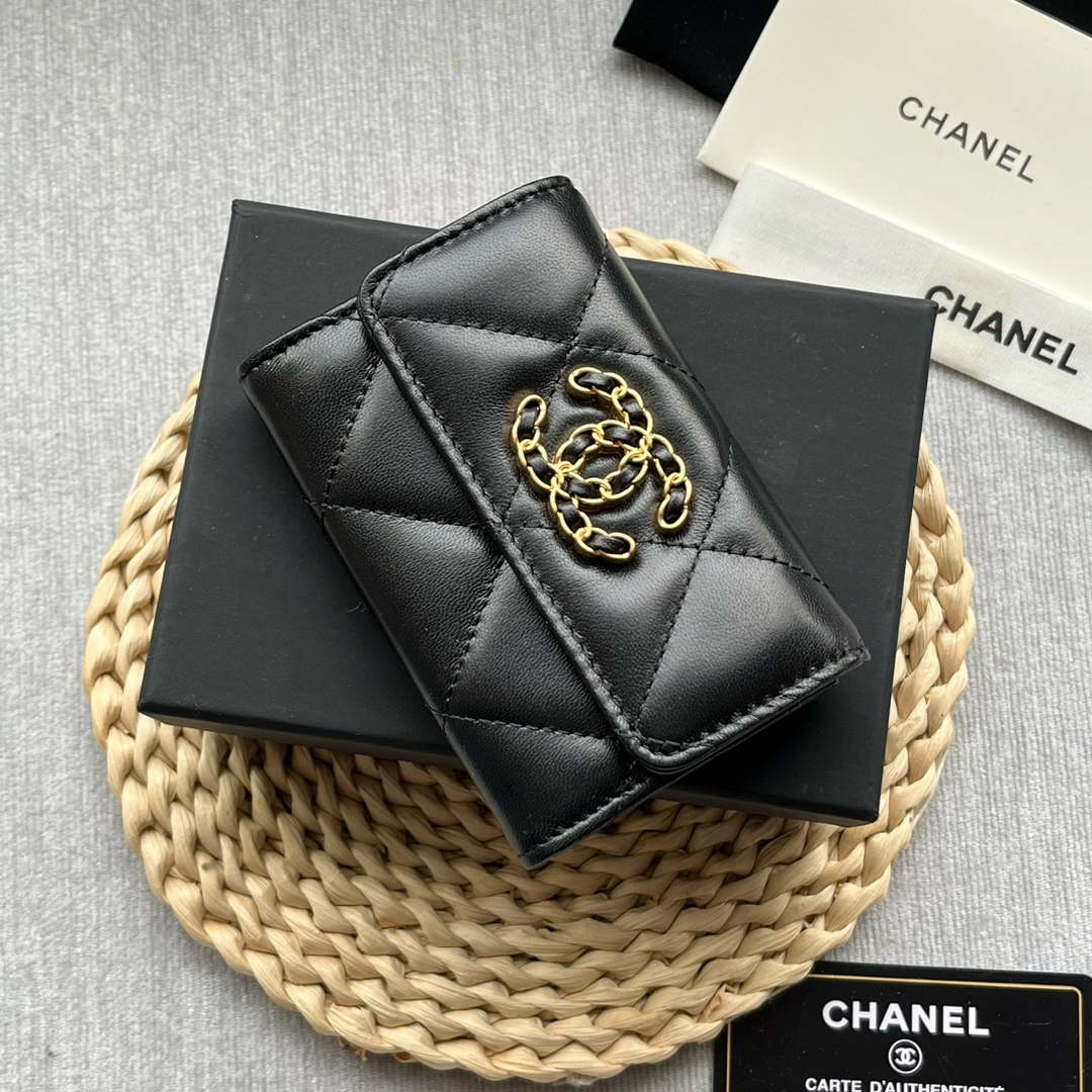 Chanel AP1790 19 flap Card Holder shiny lambskin gold tone ruthenium finish metal Black - Default Title - View 5