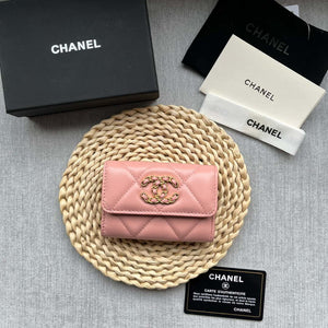 Chanel AP1790 19 flap Card Holder shiny lambskin gold tone ruthenium finish metal Pink - Default Title - View 1